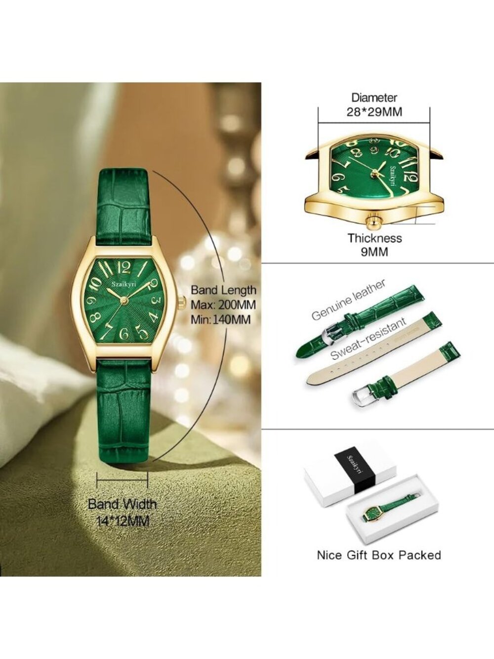 Women's Green-Gold Barrel-Shaped Easy Read Arabic Numerals Dress Wrist Watch - Picture 6 of 6